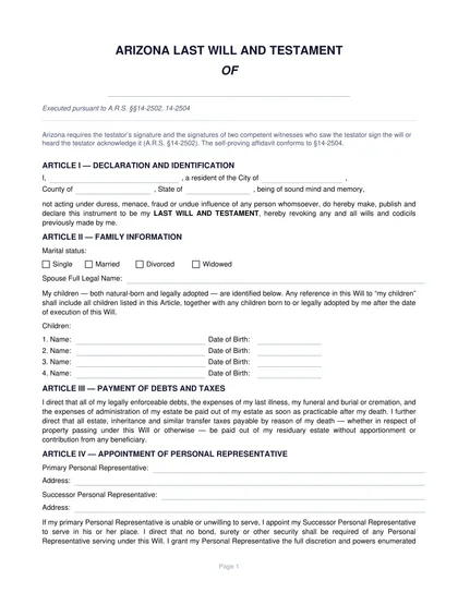 arizona last will and testament form