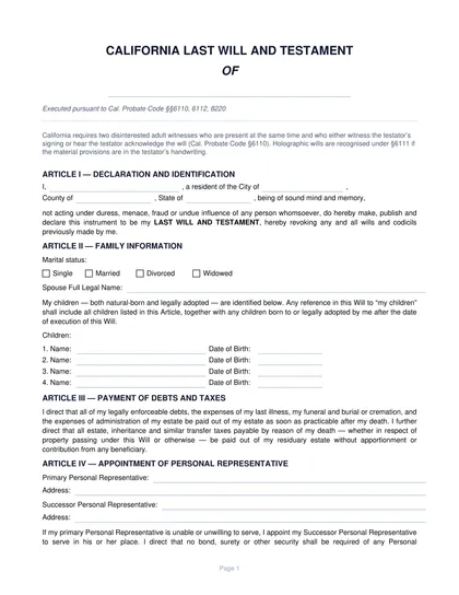 california last will and testament form