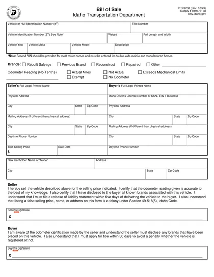 idaho bill of sale form