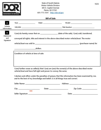 south dakota bill of sale form