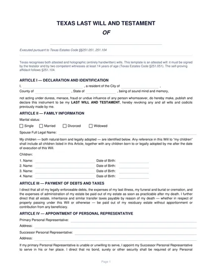 texas last will and testament form